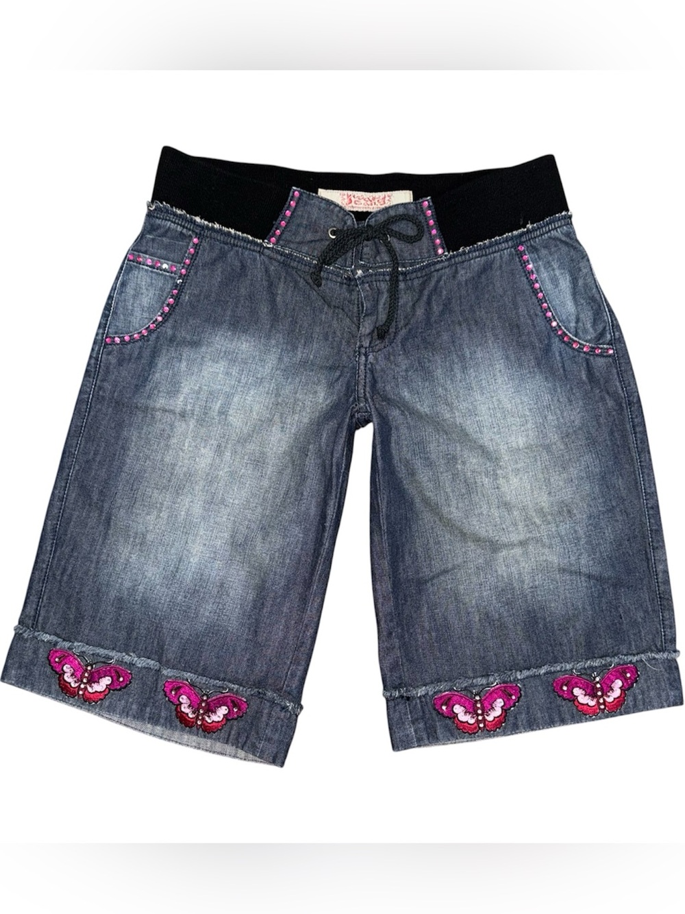 Y2K Low Rise Denim Bermuda Shorts Butterfly Applique Studded Skater Surf Sz 3